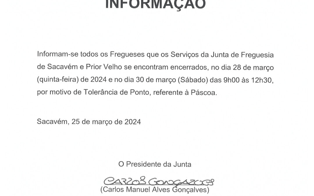 INFORMAÇÃO | TOLERÂNCIA DE PONTO | 28 DE MARÇO E 30 DE MARÇO